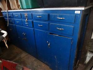 lot 29721 image: Long Blue Wood Cabinet