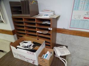 lot 1745 image: Lot of Office Supplies  Wood  Organizer Shelf  Phone and Misc