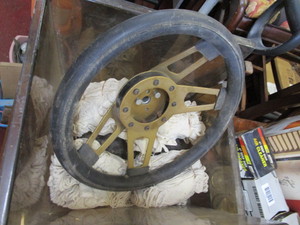 lot 1648 image: Vintage steering wheel, automobile gauges and lot of white gloves