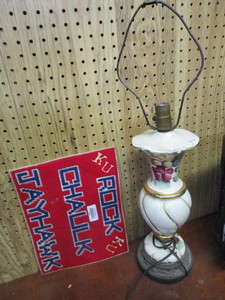 lot 25907 image: Decorative table lamp and Jayhawk needle point