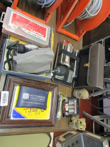 lot 25963 image: Odd lot - mens travel case, BP cuff, small flocked figurines and more