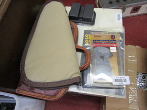 lot 25966 image: Lot of gun accessories - 2 soft cases, double mag holder, grips