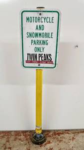 lot 28002 image: Stand Alone, 49 Tall, Metal Sign on Pole Motorcycle and Snowmobile Parking Only Twin Peaks