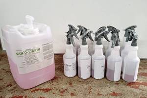 lot 28005 image: SAN-O-128 RTU Disinfectant Detergent & Deodorant Consentrate - Approx 2.5 Gallons & 15 Partially Full Spray Bottles