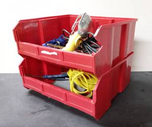 lot 28018 image: 2 Quantum Plastic Storage Stacking Bins (14.5 x 16.5 x 7 each) with Miscellaneous Garage Items