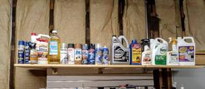 lot 28032 image: 6 ft Long Shelf Full of Lawn Weed Killers, Spray Paint & More