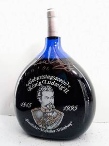 lot 28058 image: Vintage Un-Opened German Blue Glass Bottle of Wine - Geburtstagswein Konig Ludwig II 1845 1995 - Signed 