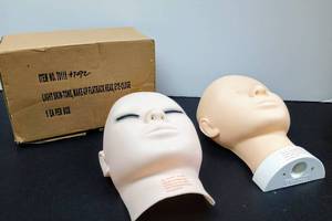 lot 28084 image: Charlene Flatback Mannequin Head for Makeup Training & Practicing (Closed-Eye, Light Skin-Tone) & Light Skin-Tone Eyelash Practice Mask
