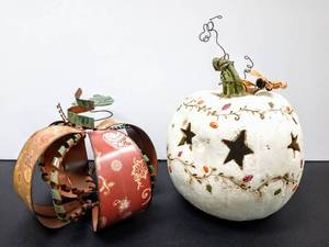 lot 28085 image: Lot of 2 Decorative Pumpkins - Fall Decor - White one is a Candle Holder - The Other is Metal