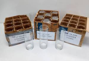 lot 28130 image: Lot of 34 Glass Cylinder Vases - Perfect for Weddings, Parties, & Other Events (3 Different Sizes)