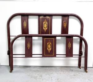 lot 28141 image: Early 1900s Brown Metal Full Size HeadFootboard with Gilding Designs & Casters