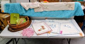 lot 28147 image: Sewing & Embroidery Lot - 4 New Embroidered Pillow Cases, 14 ft Long (5 Wide) Piece of Blue Ruffled Net Type Fabric & More