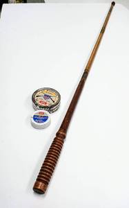 lot 28149 image: 3 Piece Antique () Wood & Brass - 37 Long - Shotgun Cleaning Rod & Two Small Metal Cans of Caps