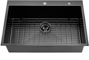 lot 3141 image: Lordear 16-Gauge Gunmetal Matte Black Stainless Steel 30 in. Single Bowl Drop-In Kitchen Sink with Bottom Grid