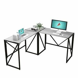 lot 3191 image: QEEIG L Shaped Desk Corner Computer Desks for Small Space Home Office Bedroom Writing Table L-Shaped Gaming Study Work PC Des PC Laptop Workstation Foldable 53.1, Rustic Grey (LD010-024GY)