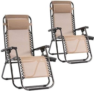 lot 5748 image: Zero Gravity Chairs Set of 2 with Pillow and Cup Holder Patio Outdoor Adjustable Dining Reclining Folding Chairs for Deck Patio Beach Yard (Tan)