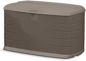 lot 5771 image: Rubbermaid Medium Resin Weather Resistant Outdoor Garden Storage Deck Box, Sandstone