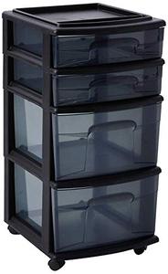 lot 1360 image: HOMZ Plastic 4 Drawer Medium Cart, Black Frame with Smoke Tint Drawers, Casters Included, Set of 1