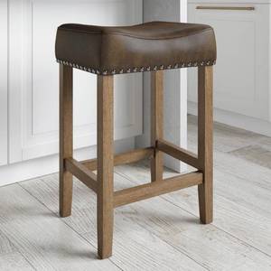 lot 2010 image: Nathan James Hylie Nailhead Wood Pub-Height Counter Bar Stool 24 Dark Brown Fabric Cushion Light Brown Finish