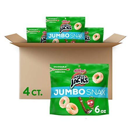 lot 40005 image: Kelloggs Apple Jacks Jumbo Snax, Cereal Snacks, On the Go, 6oz Resealable Bag(Pack of 4)