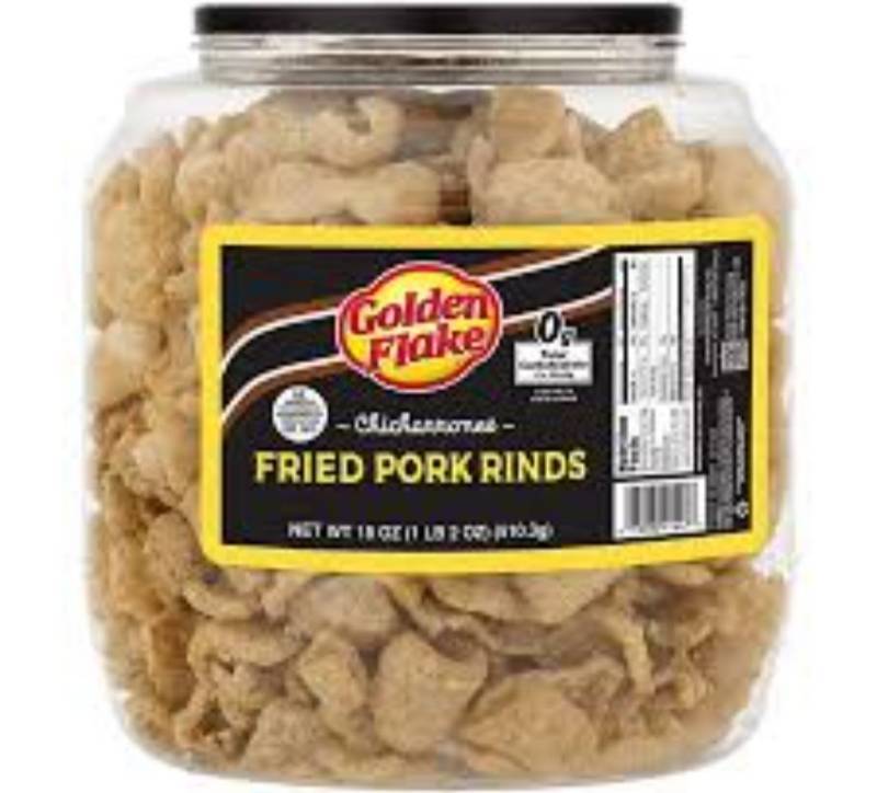 lot 40049 image: Golden Flake Pork Rinds, Original Keto Friendly Snack with Zero Carbs per Serving, Light and Airy Pork Skins with the Perfect Amount of Salt