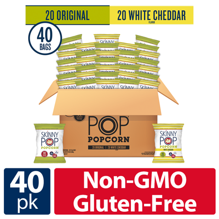 lot 40098 image: SkinnyPop Popcorn Variety Box - Original and White Cheddar, 40ct, .5oz Bags