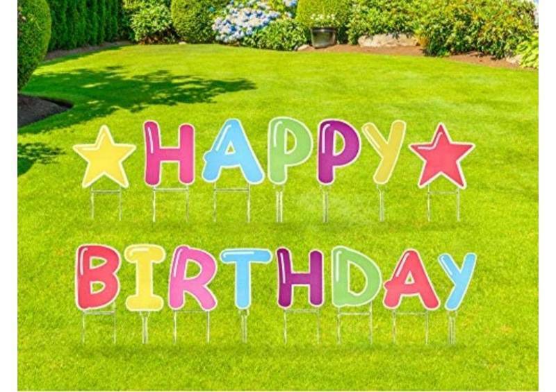lot 40156 image: Happy Birthday Yard Signs 16 with Metal Stakes, Premium Glossy Rainbow Lawn Letters for Outdoor Parties and Celebrations, Made from Sturdy Corrugated Plastic with Bonus Stars