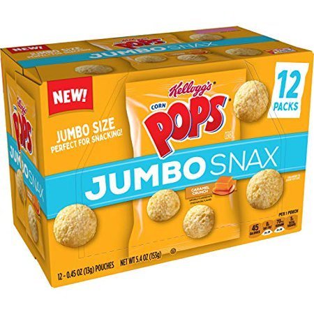 lot 40177 image: Kelloggs Corn Pops Jumbo Snax, Cereal Snacks, Caramel Crunch, On the Go, 12 - .45 oz bags (Pack of 4, 48 count total)