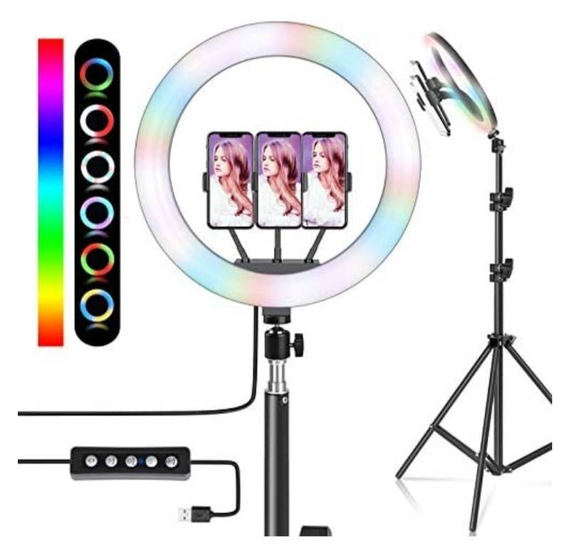 lot 40196 image: LOMTAP Ring Light 12 RGB Ringlight with Desk Tripod Stand and 3 Cell Phone Holder 18 RGB Colors Dimmable LED Ring Light for Photography Shooting TIK Tok YouTube Video Recording Live Streaming Makeup