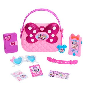 lot 3007 image: Disney Junior Minnie Happy Helpers Bag Set, 9 Piece Pretend Play Purse with Lights and Sounds Cell Phone, Sunglasses, and Accessories