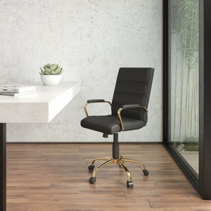 lot 3088 image: Flash Furniture Mid-Back Black LeatherSoft Executive Swivel Office Chair with Gold Frame and Arms