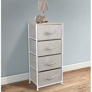 lot 3238 image: Sorbus Nightstand Chest with 4 Drawers - Bedside Furniture End Table & Dresser for Clothing, Bedroom Accessories, Office, College Dorm, Steel Frame, Wood Top, Easy Pull Fabric Bins (Beige)