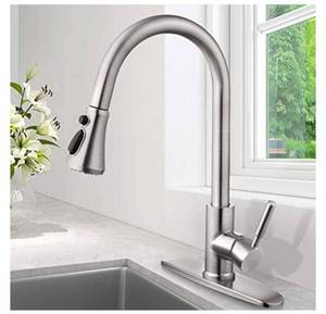 lot 990 image: SOKA Pull Down Kitchen Faucet with Sprayer Kitchen Sink Faucet Brushed Nickel Kitchen Faucets Single Handle RV Kitchen Faucet Laundry Sink Faucet High Arc Kitchen Faucet Brushed Nickel with Deck Plate