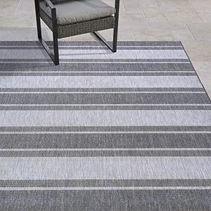 lot 19046 image: Gertmenian 21967 Outdoor Rug Freedom Collection Striped Medal Themed Smart Care Deck Patio Carpet, 5x7 Standard, Stripes Silver Gray