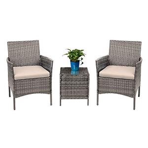 lot 19089 image: Devoko 3 Pieces Patio Furniture Sets Clearance PE Rattan Wicker Chairs with Table Outdoor Garden Porch Furniture Sets (Light Grey)