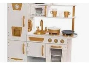 lot 19105 image: Vintage Kids Pretend Play Kitchen With Gold Accents & Cookware Set With Phone