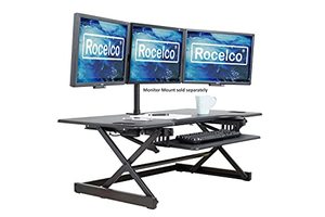 lot 19114 image: Rocelco 46 Large Height Adjustable Standing Desk Converter, Quick Sit Standup Triple Monitor Riser, Gas Spring Assist Computer Workstation, Retractable Keyboard Tray, (R DADRB-46), Black
