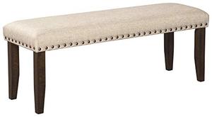 lot 19143 image: Signature Design by Ashley Rokane Farmhouse Upholstered Dining Bench with Nailhead Trim, Light Brown