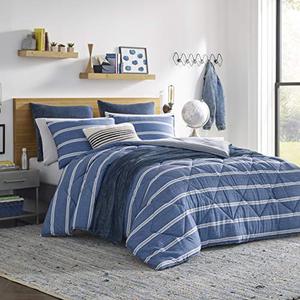 lot 19149 image: Nautica  Keller Collection  Ultra Soft & Cozy Silky Microfiber Reversible Box Quilted Comforter Matching Shams, 3-Piece Bedding Set, King, Blue