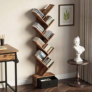 lot 19160 image: Rolanstar Tree Bookshelf with Drawer, 8 Shelf Rustic Brown Bookcase, Retro Wood Storage Rack for CDsMoviesBooks, Utility Organizer Shelves for Living Room, Bedroom, Home Office
