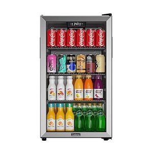 lot 19165 image: Galanz Beverage Refrigerator Cooler - 130 Can Mini Fridge with Reversible Glass Door & Adjustable Shelves for Soda Beer or Wine - Small Refrigerator for home office or Bar Stainless steel GLB36MS2F07- Retail $487