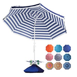 lot 19174 image: ROWHY 7.5FT Beach Umbrella with Cup Holder and Sand Bags Portable Outdoor Heavy Duty Sunshade Umbrella with Sand Anchor & Tilt System, Wind Resistant for Sand, Beach,Patio,Yard,Navy-White