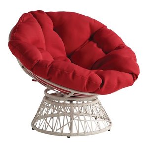 lot 19195 image: OSP Home Furnishings Papasan Chair with Red Round Pillow Cushion and Cream Wicker Weave