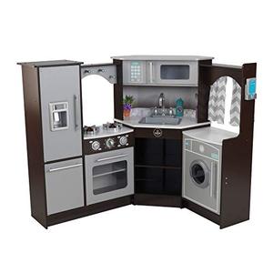 lot 19218 image: KidKraft Ultimate Corner Wooden Play Kitchen with Lights & Sounds, Play Phone and Curtains, Espresso, Gift for Ages 3