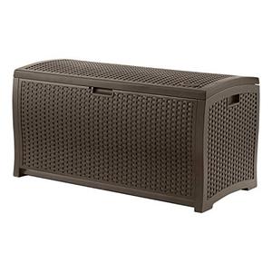 lot 19220 image: Suncast 99 Gallon Resin Wicker Patio Outdoor Storage Container for Toys, Furniture Deck box, Mocha