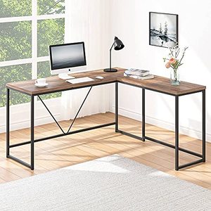 lot 19222 image: HSH L Shaped Computer Desk, Metal and Wood Rustic Corner Desk, Industrial Writing Workstation Table for Home Office Study, Rustic Oak 59 x 55 Inch