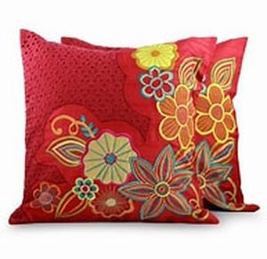 lot 8381 image: Handmade Set of 2 Applique Red Romance Cushion Covers (India) 16x16