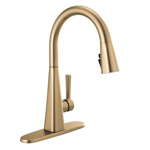 lot 61579 image: Delta Lenta Single-Handle Pull-Down Sprayer Kitchen Faucet with ShieldSpray Technology in Champagne Bronze