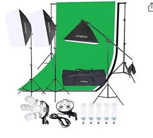 lot 68311 image: Andoer Photography Softbox Studio Lighting Kit 6.6ft x 10ft Background Support System Including 3pcs Backdrops(BlackWhiteGreen)&nbsp