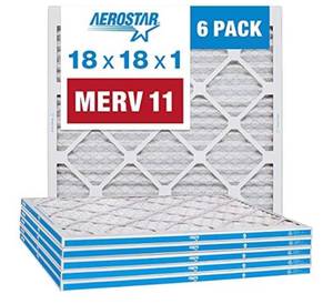 lot 68329 image: Aerostar 18x18x1 MERV 11 Pleated Air Filter, AC Furnace Air Filter, 6 Pack (Actual Size 17 34x17 34x34) open box
